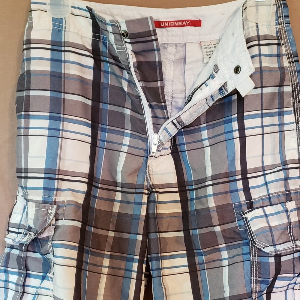UnionBay, Swim trunks,plaid design light/dark blue, white, black & gray, Size 12